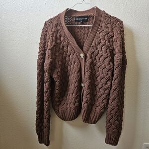 Kendall & Kylie Chunky Cable Knit Brown Button-Up Cardigan